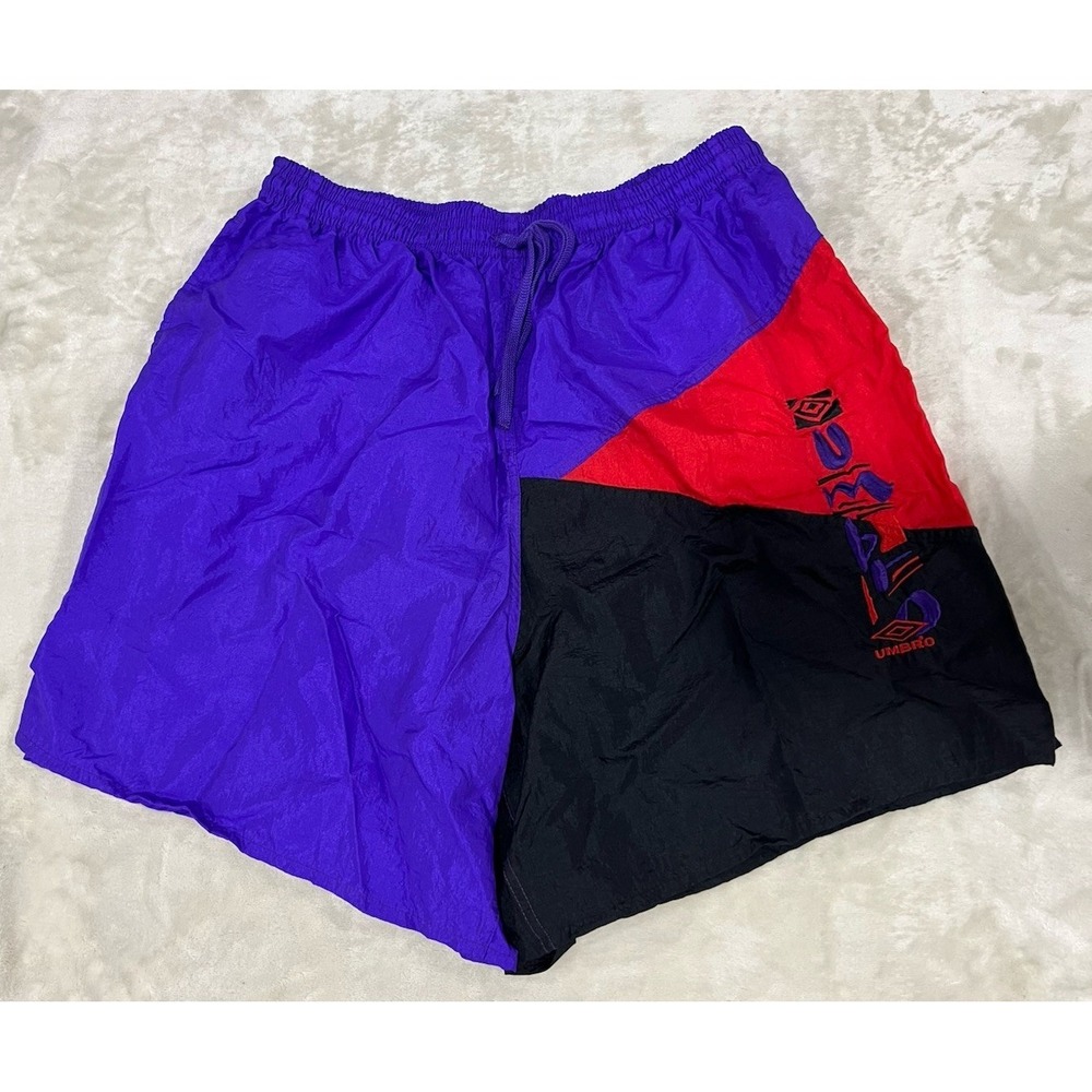 Vintage UMBRO SHORTS Adult XL Purple Red Black Nylon Made in USA Soccer Football